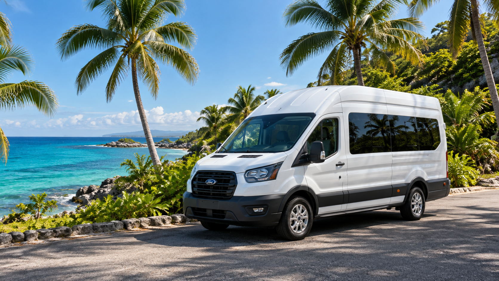 Illustration of a white passenger van beside a tropical coast
