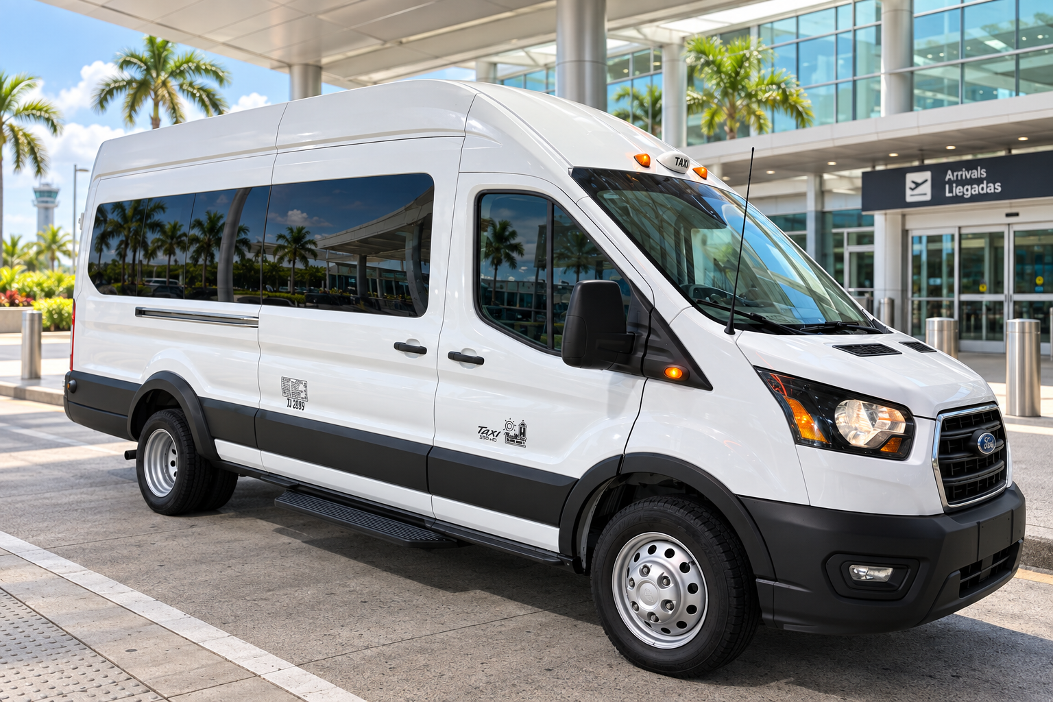 Illustration of a white passenger van beside a tropical coast
